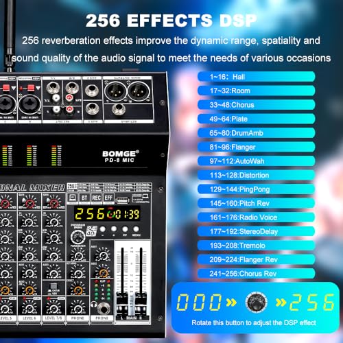 Image of BOMGE PD-8MIC Professional 650w Powered Mixer, 8 Channel Sound Mixer With Dual Wireless Mic, USB, 256-Bit Effects, Bluetooth,48V for Live Bands and DJs