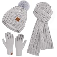 ZASFOU Womens Winter Beanie Hats Scarf Touchscreen Gloves Set Chenille Knit Fleece Lined Beanies Pompom Hat Scarves Gifts for Women
