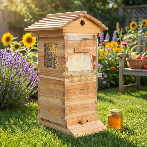 Bee Hive Auto-Harvest Honey Beehive Wooden Box Auto Bee Hives Boxes Starter kit with with Observation Chamber Beehives and Supplies Starter Kit for Beekeepers