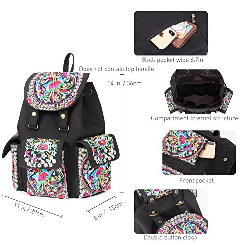 Image of SILKAREA Vintage Embroidered Backpack Purse for Women Handbag Canvas Shoulder Bag Ethnic Boho Travel Backpack (Black S2) Large