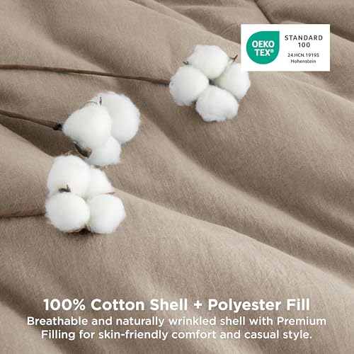 Image of Bedsure Comforter Set Full Size - Cotton Fabric with Microfiber Inner Fill, Taupe PureWoven Soft Bed Set for All Seasons, 3 Pieces, 1 Comforter 1 Comforter (82 inch x 86 inch) and 2 Pillow Cases (20 inch x 26 inch)