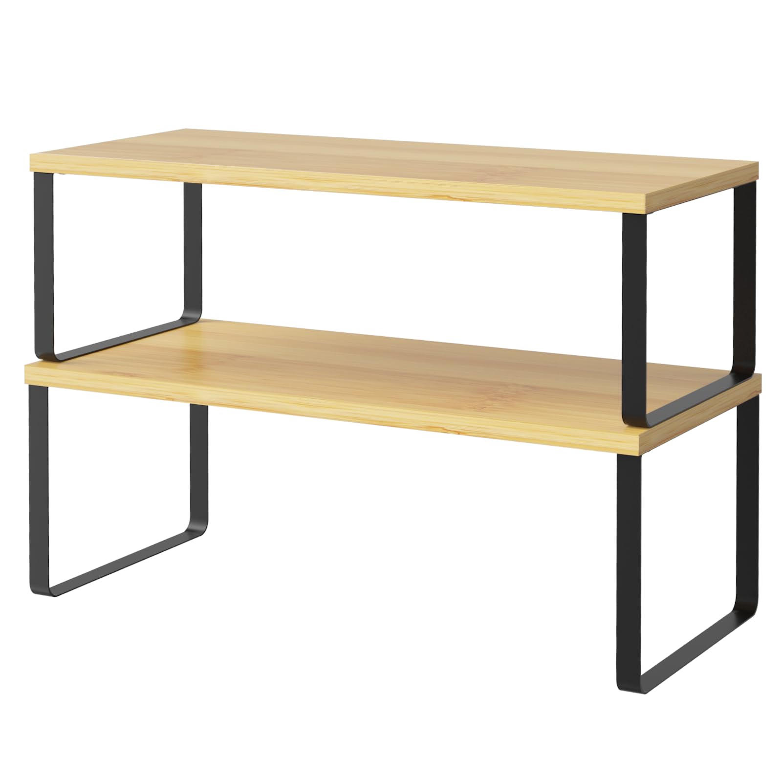 NEX Cabinet Shelf Organizer Set of 2, Kitchen Counter Shelves Spice Rack, Stackable, Expandable, Kitchen Pantry Cupboard Storage Organization, Black and Natural