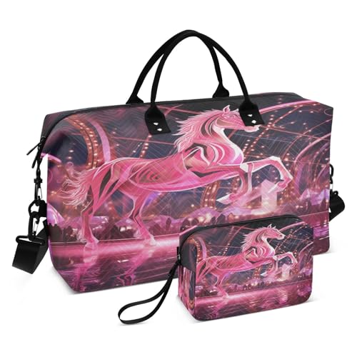 Pink Space Horse Sports Swim Gym Bag Weekender Duffel Travel Bags Handbag with Makeup Storage Bag for Girls Men