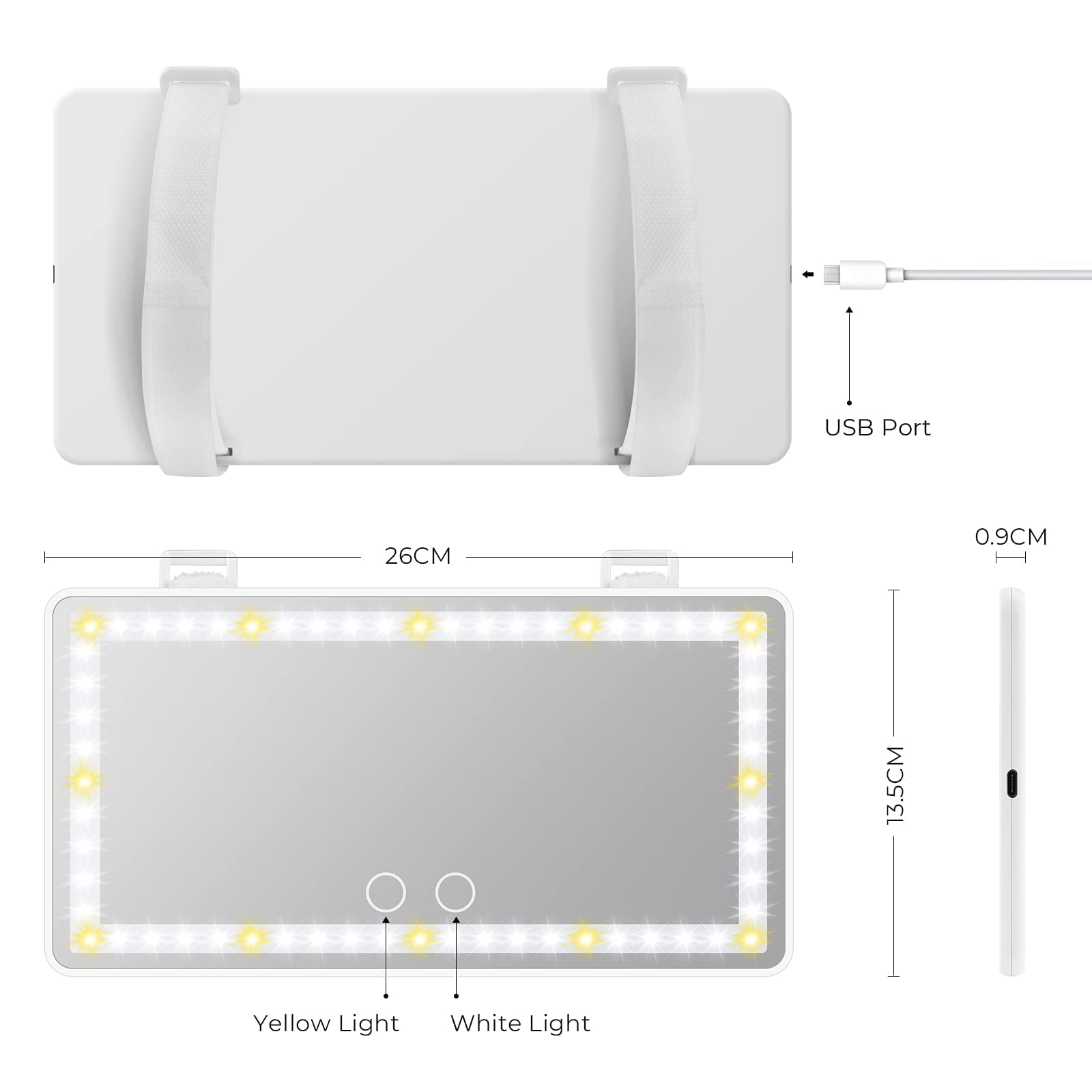 Excefore Car Sun Visor Vanity Mirror, Rechargeable Makeup Mirrors with 3 Light Modes & 60 LED, Dimmable Clip-on Rear View Sun-Shading Cosmetic Mirror, Universal Car Accessories Gift