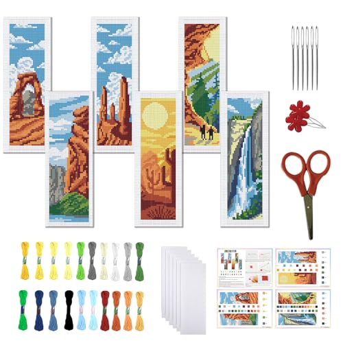 Image of FREEBLOSS 6 Set Cross Stitch Bookmark Kits Natural Park Stamped Cross Stitch Kit DIY Embroidery Bookmarks Kit for Beginners with Instructions 6x20cm /8x2.4inch