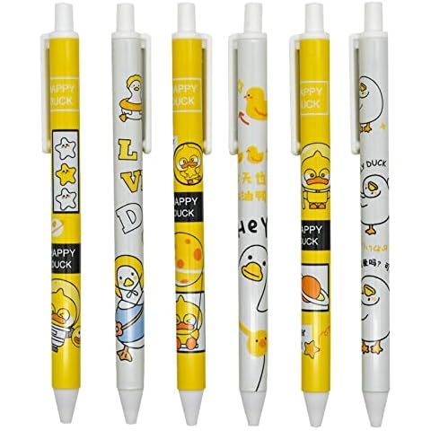 Lopenle 12 PCS Little Yellow Duck Pens Happy Lovely Duck Retractable Gel Pens Novelty Animal Rollerball Pen Black Ink For School Supplies Office Party Birthday Cover