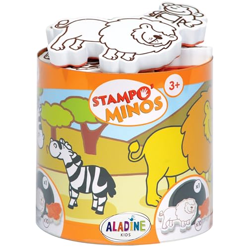 Aladine - 10 Tampons Animaux de la Savane avec Encreur - Tampons Enfant dès 3 ans - Stampominos - Encre Lavable - Lion Girafe Élephant, Activité Enfant Dessin Garçon...