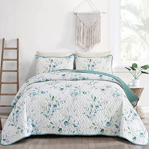 Djy Floral Quilt Set Queen Size 3 Pieces Botanical Green Bedspread Green Leaves Soft Microfiber Lightweight Coverlet Bedding Quilt With 2Pillowcases For All Season (Queen 96''X90'') #TOP11