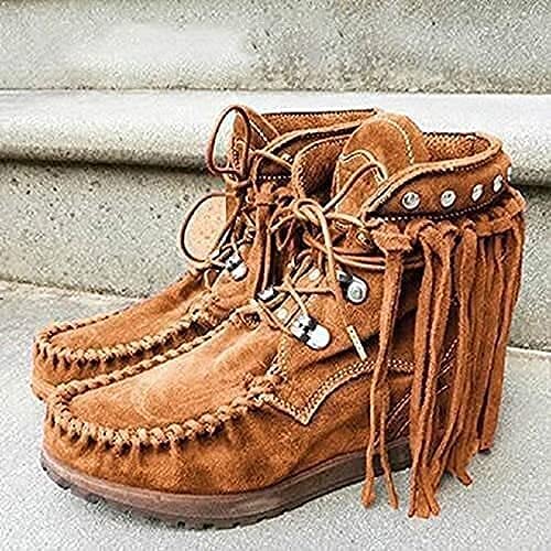 HXZDEY New Women's Suede Retro Ankle Boots,Non-Slip Comfort Ankle Booties 3-Arch Support - Ladies Everyday Boots,Winter Round Toe Roman Retro Fringe Short Flat Shoes (Color : Brown, Size : 40 EU)3