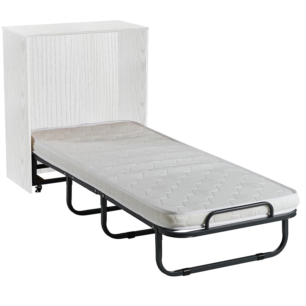 Shally Dogan Mobile Letto a Scomparsa, Giroletto Singolo Salvaspazio Richiudibile con Materasso Ergonomico Incluso, Armadio e Lettino da Parete Pieghevole Estraibile con Doghe (Bianco Frassinato)