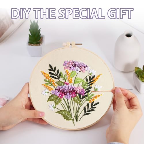 Image of Offizon 3 PCS Embroidery Kit for Beginners Stamped FlowerB Pattern | Cross Stitch DIY Craft Set, Hoop Included, Flower Embroidery Accessories, Stitching Sewing Kit Gift for Adults