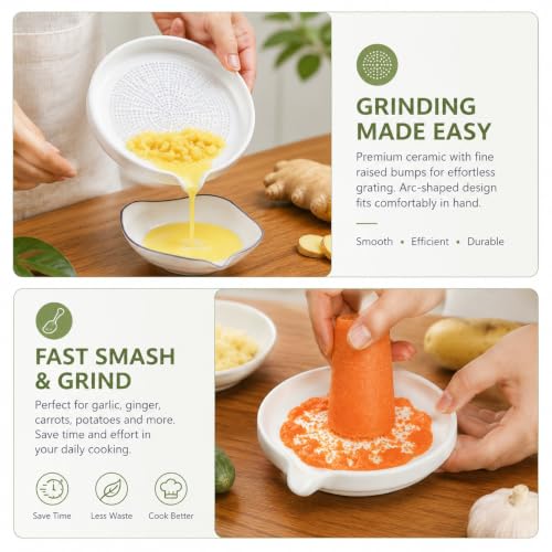Image of Homeze Premium Ceramic Garlic Grater Plate with Cleaning Brush | Easy Clean Ginger Grinder & Garlic Crusher for Kitchen | Non-Slip Durable Grating Dish