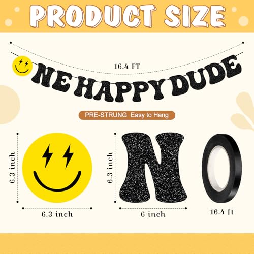 Tellingyou One Happy Dude Banner One Happy Dude 1st Birthday Party Decorations First Birthday Party Decor Hippie First Birthday Banner for Baby Shower Birthday Hippie Party Decoration Supplies — view 2