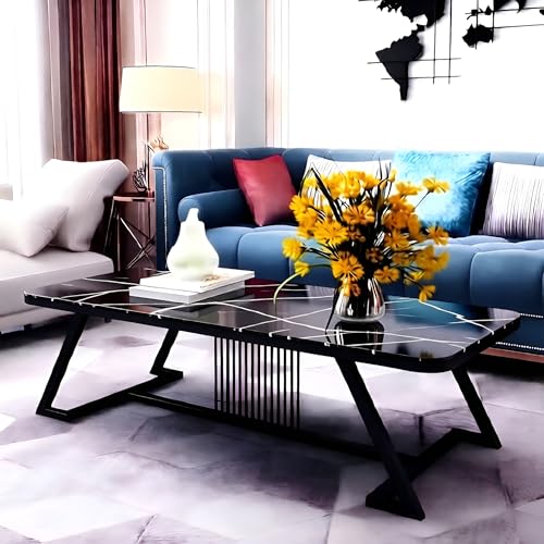 Image of Modern Rectangular Marble-Like Top Coffee Table with Metal Base for Living Room | Luxury Sofa Center & Tea Table for Home & Office | Easy DIY Assembly (90 x 48 x 48 cm) (Black)