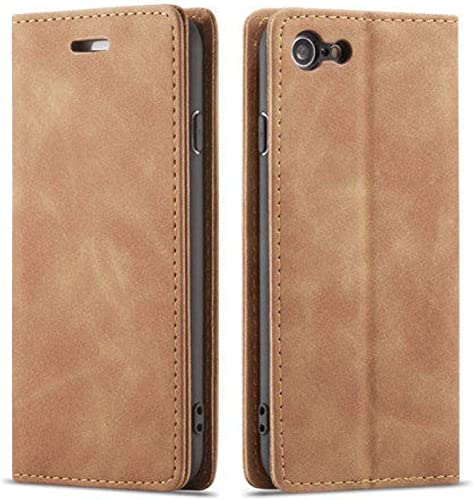 Étui iPhone SE 2022 marron à rabat en cuir synthétique avec porte-carte intégré