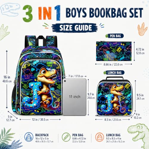 Image of HPJGD 3PCS Dinosaur Bookbag for Boys, Water Resistant Kids Backpack Set with Lunch Box, Cool School Bag for Preschool Toddler - Dinosaur Holding Letter J