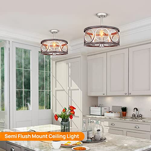 16'' Drum Chandelier, 3-Light Adjustable Height Round Dining Room Chandeliers, Brushed Nickel Gray Wood Grain Finish, Farmhouse Ceiling Light For Living Room Bedroom Kitchen Hallway Stairwell #TOP6