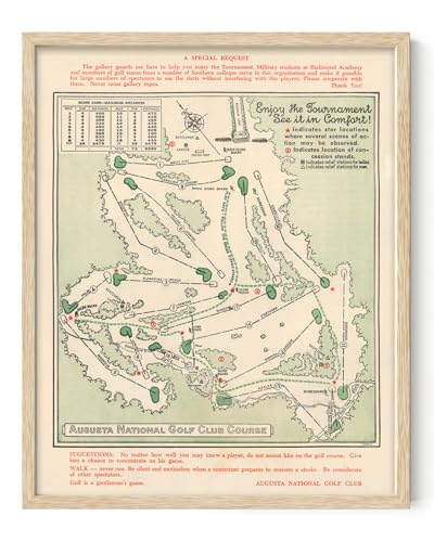 Vintage Augusta National Golf Course Map 1954 By Masters 16X20 Framed Wall Art – Ready To Hang Golf Decor For Office Or Home, Classic Golf Course Layout Print For Golfers, Vintage Sports Wall Artwork