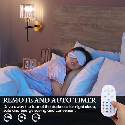 Image of Retisee 2 Set Modern Battery Operated Glass Crystal Wall Sconces Wireless Rechargeable Wall Light with Remote 12 Colors Dimmable Crystal Sconce Lamp for Bedroom Porch Bulbs Included Black Rod