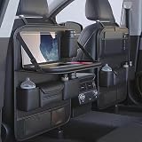 2 Pack Leather Car Backseat Organizer with Foldable Table Tray, Car Storage Organizer with Tablet Holder, Car Seat Back Protectors Kick Mats Travel Accessories, Universal Fit for Most Cars (Black)