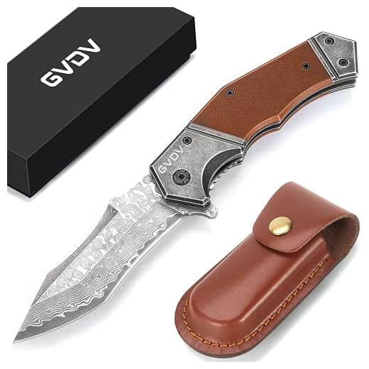 GVDV Damascus Steel Folding Pocket Knife, Tactical Knife Spring Assisted Opening with Safety Liner-Lock, Camping Hunting Fishing for Men, G10 Handle, Belt Clip, Leather Sheath, Whetstone