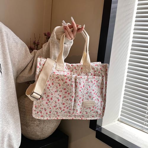 Image of Cherry Tote Bag for Women Canvas Patched Purse Cute Shoulder Bag Multi-Pocket Satchel Handbag for work travel