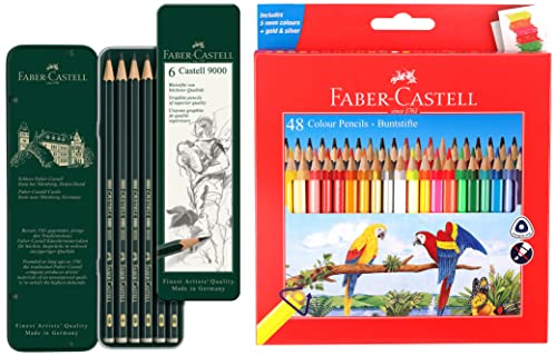 Image of Faber-Castell 48 Triangular Colour Pencils&Faber-Castell Castell 9000 Pencil Set-Pack Of 6,Multicolor