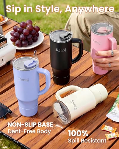 Image of Renoj Insulated Mug 100% Spill Resistant Insulated Water Bottle for Iced Coffee & Hot Drinks - Fits Car Cup Holder, Ideal Gift, 2 Straws & Silicone Boot - FlexSlide White 40 oz