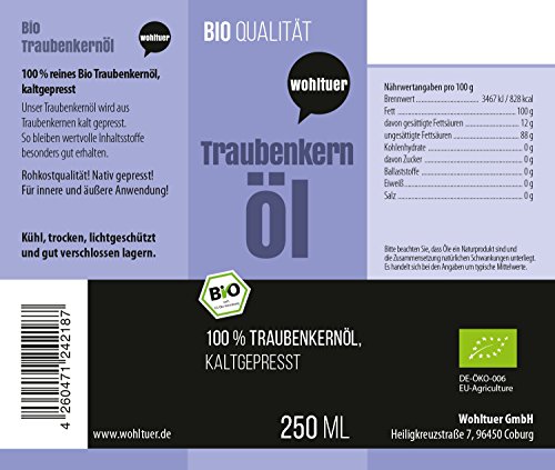 Wohltuer Traubenkernöl kaltgepresst 250ml aus kontrolliert biologischem Anbau mit 4% Anteil an natürlichem OPC (Frankreich)