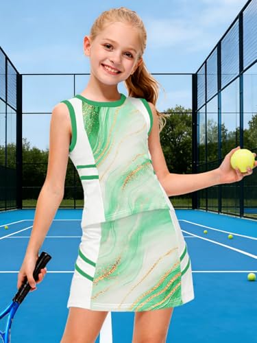Image of AOBUTE Girls Tennis Golf Outfit Tank Top and Skirt with Shorts Set 4-12 Years