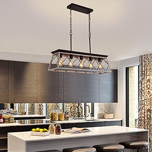 Q&S P2006-5OAK Dining Room Chandelier Light Fixtures,Farmhouse Rustic Vintage Antique Linear Chandeliers Pendant Ceiling Light Fixture For Kitchen Island Bar Office Coffee Shop 5-Lights Oak And Orb Ul Listed thumb #5