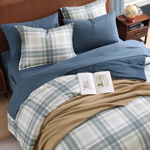 Image of MaiReve Plaid Full Comforter Sets, Blue Grey Grid Farmhouse Bedding Set Bed in A Bag, Classic Checkered Comforter Sets with Fitted & Flat Sheet, Pillowcases & Shams(Blue Grey, 80 inchx90 inch)