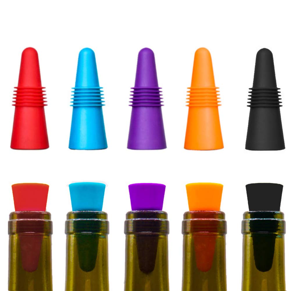10 pezzi Tappi per Vino, CNYMANY Riutilizzabile Silicone Sigillatore di Bottiglia per Bevande con Impugnatura Top per Sughero per Mantenere Vino Fresco - Rosso, Blu, Arancione, Viola, Nero