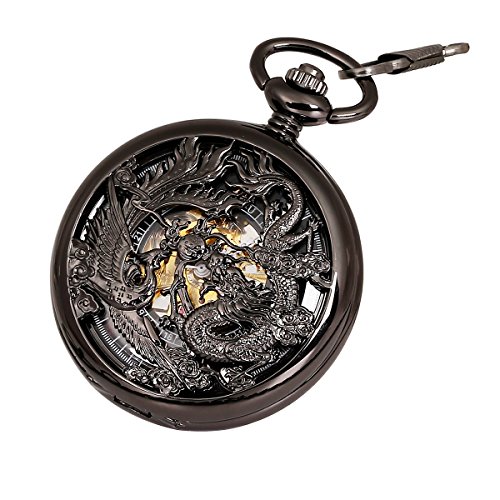 Antique Mechanical Pocket Watch Phoenix & Dragon Hollow Case Skeleton Dial with Chain + Gift Box