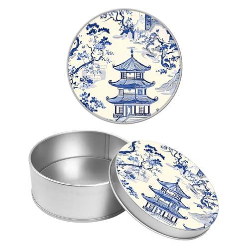 SROJDHFJB Round Metal Tin Container with Removable Lid, Pavilion Durable Metal Storage Box for Crafts Snacks Candies Office Supplies Small Items 3.54 x 1.38 inch– Single Pack