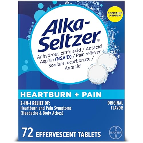 Alka-Seltzer Heartburn + Pain Effervescent Aspirin + Antacid Tablets Fast Heartburn Relief and Acid Indigestion Relief Pain Relief with Aspirin 72 Ct