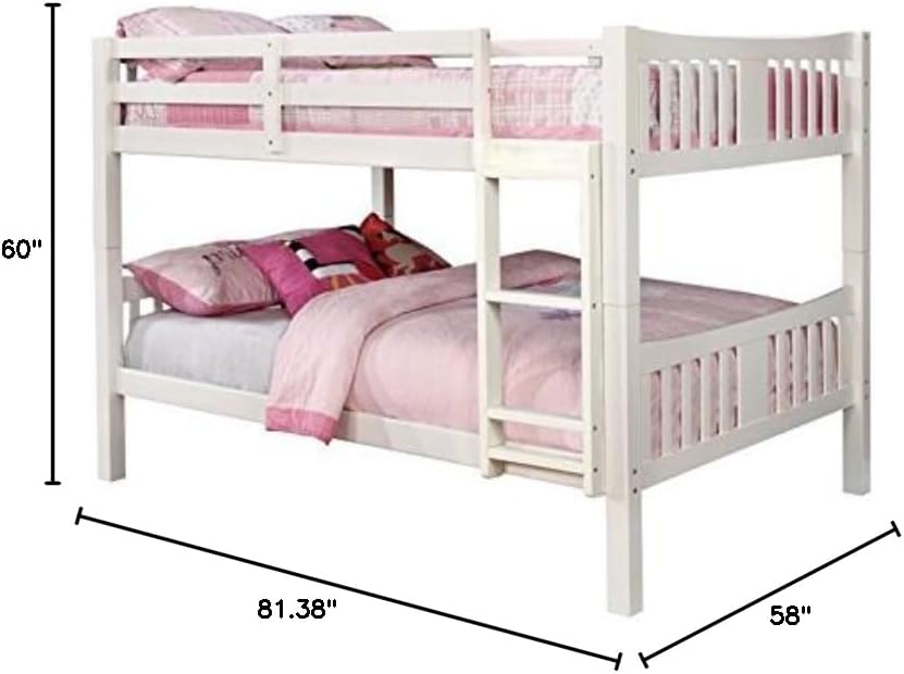 BOWERY HILL Full Over Full Wooden Bunk Bed, Solid Wood and Veneer, White Finish, 81.38" L x 58" W x 60" H, Includes Slats and Attached Ladder, Transitional Style for Kids Room or Baby Room