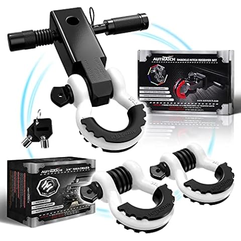 AUTMATCH Shackles 3/4" D Ring Shackle and Shackle Hitch Receiver 2 Inch with 5/8" Trailer Hitch Lock Pin, 45,000 Lbs Break Strength Heavy Duty Receiver Kit for Vehicle, White & Black Cover