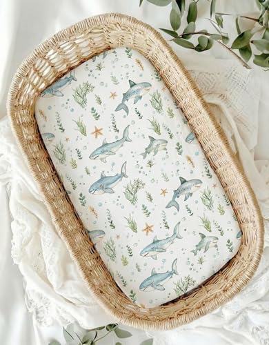 Image of Bedside Bassinet Sheets 2 Pack, 33 x 20 Fitted Bedside Sleeper Sheets, Ultra Soft Breathable Polyester, Ideal for Baby Girl or Boy and Newborns (Turtle & Shark, Bedside Sleeper Sheet)