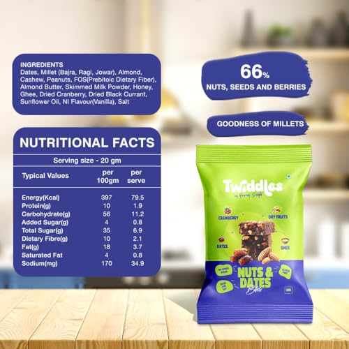 Image of Twiddles Mini Snack Bar Nuts & Date Power Bites, Pack of 12 | Made with Dates & Dry Fruits | No refined Sugar | Healthy dessert | Goodness of millets | Office Snack | On-the-go | 100% Natural | 10% Protein | Only 80 Calories