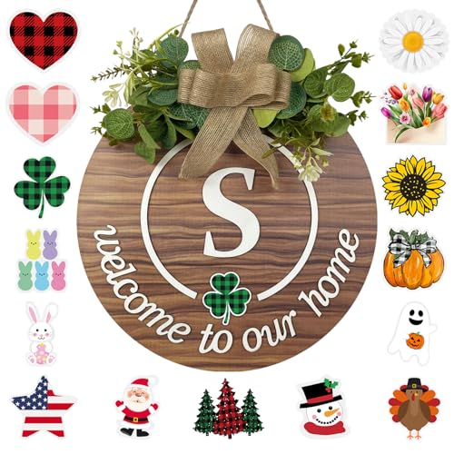 Interchangeable Seasonal Welcome Sign for Front Door Family Last Name Initial Letter S Front Door Wreath Rustic Home Decor with 15 Changeable Icons for All Seasons Holiday Halloween Christmas Decor