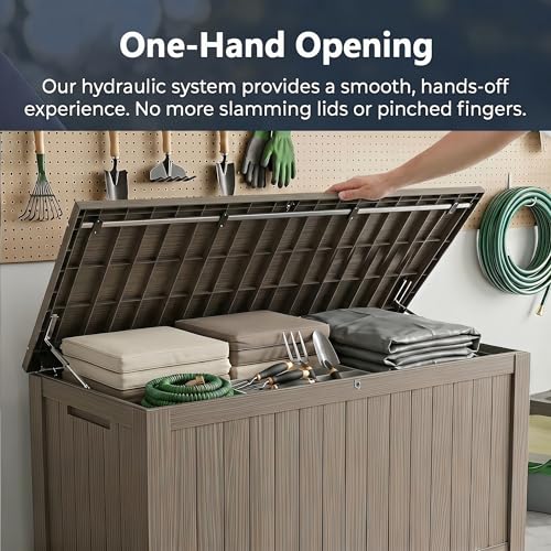 Image of 178 Gallon Resin Deck Box with Gas Lift Support - Outdoor Storage for Patio Furniture, Garden Tools & BBQ Accessories - Weatherproof Wood Grain Design with 660 Lbs Bench Seat (Lockable Lid)