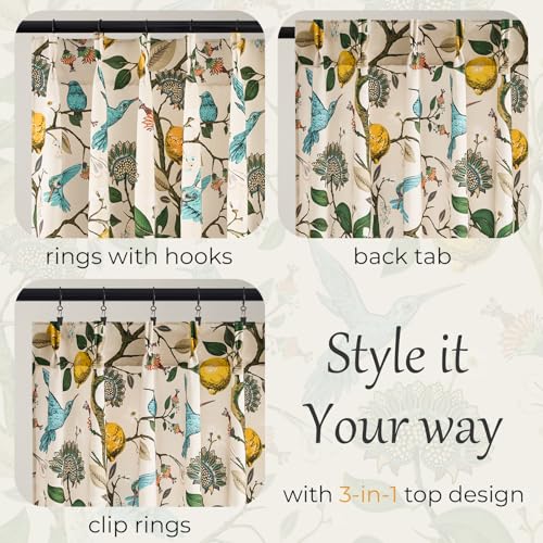 Image of Beige Kitchen Tier Curtains 36 Inches Long,Botanical Floral Lemon & Hummingbird Pinch Pleated Half Window Drapes Room Darkening for Kitchen RV Cafe Basement Bathroom Dining Room,2 Panels