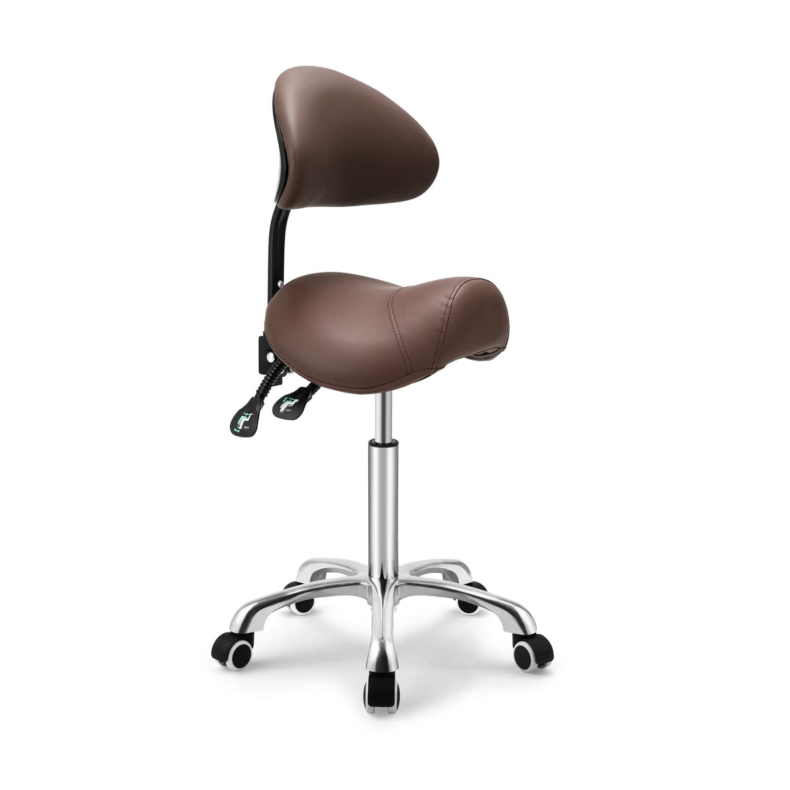 Kaleurrier Saddle Stool with Wheels, Height Adjustable, Anti-Fatigue, Ergonomic Chair for Lab, Clinic, Dentist, Salon, Massage, Office, and Home Kitchen (with Back, Coffee)