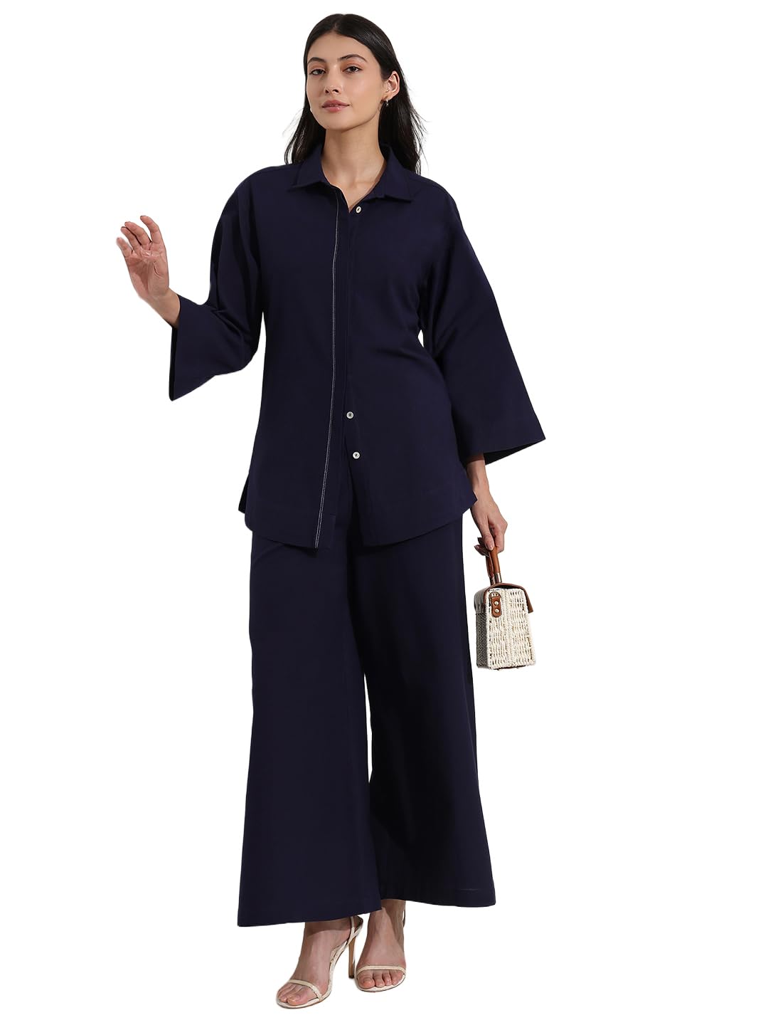 pink fort Women Shirt & Trousers Co-ord Set | Smart Casual Fit with Shirt Collar & 3/4 Sleeves | Solid Navy Blue Cotton Linen Blend for Work & Casual Wear-picture-23