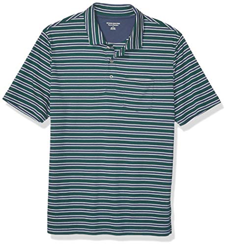 Amazon Essentials Men's Regular-Fit Pocket Jersey Polo, Forest Green Stripe, Large