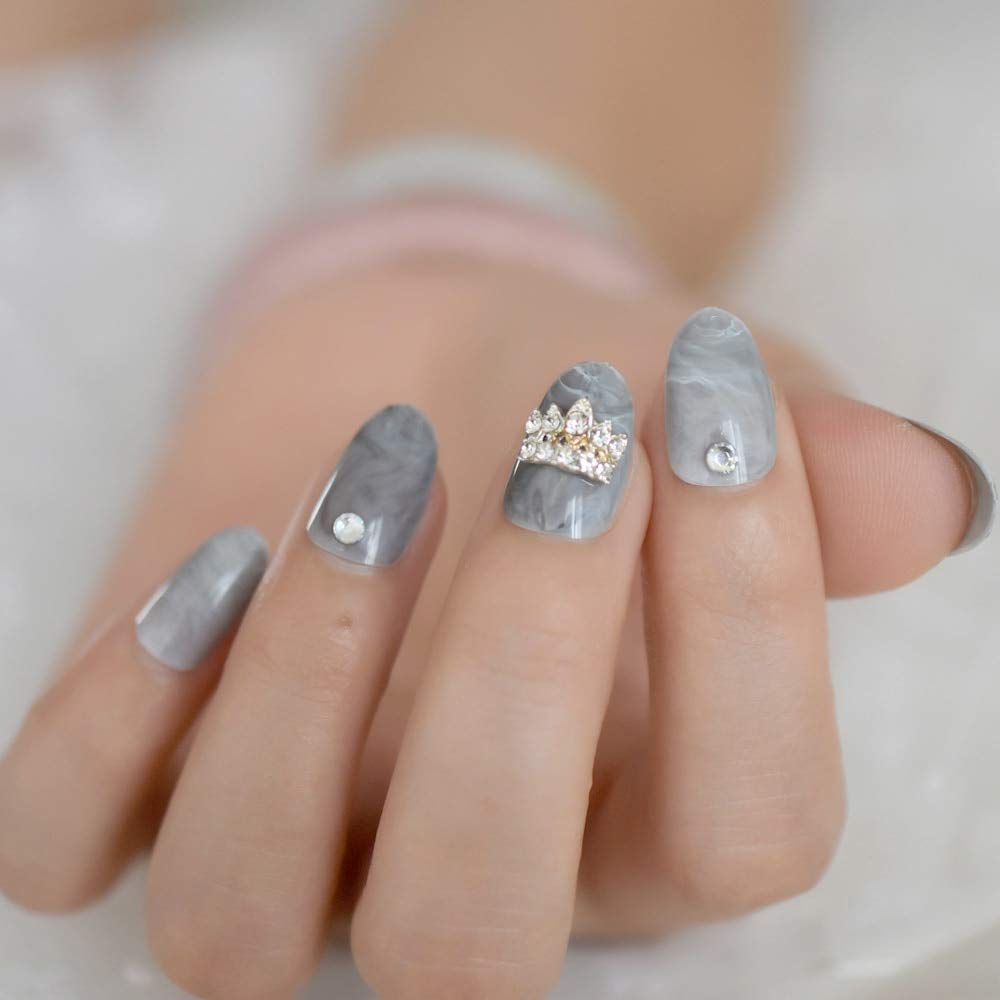 Amazon.com : CoolNail 3D Crown Queen Grey False Nails Marble Grandma Gray  24pcs Short Round Fake Nails Customize Pre Design Press on UV Nail Tips :  Beauty & Personal Care