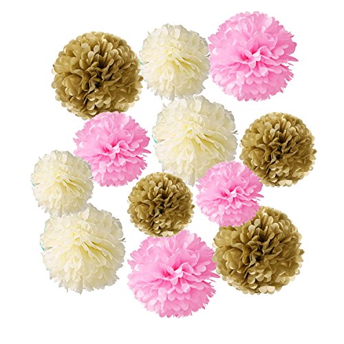 Wartoon Papel Pom Poms Flores Tissue para Decoración de Boda, Fiesta Cumpleaños, Bienvenida al Bebé, 12 Piezas ( Rosa, Oro y Blanco Marfil )