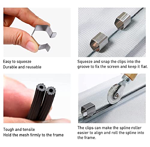 Screen Repair Kit, Screen Tool With Rolling Tool, Screen Spline(32 Ft), Screen Installer Clips(8 Pcs), Spline Removal Hook, Screen Repair Tool For Installing Door Screen Window #TOP1