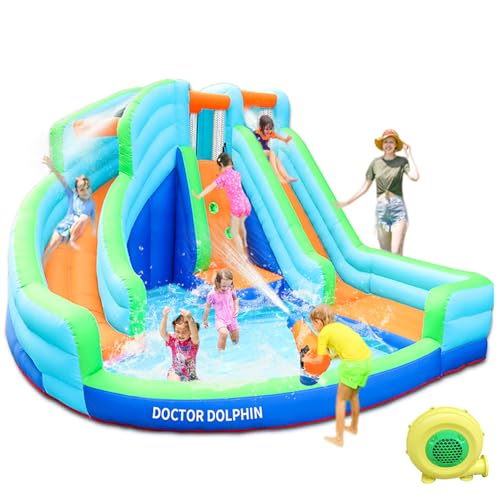 Doctor DolphinIn Bounce House,Water Jumper Slide,Water Bounce Slide House,Inflatable Water Park with Splash and Slide